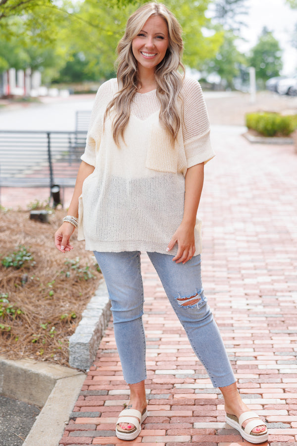 Chic Soul plus size clothing, beige knitted sheer top with a front pocket