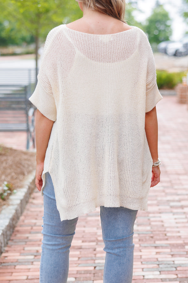 Chic Soul plus size clothing, beige knitted sheer top with a front pocket