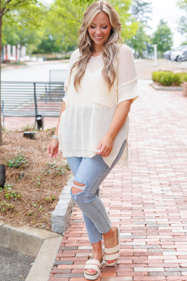 Chic Soul plus size clothing, beige knitted sheer top with a front pocket