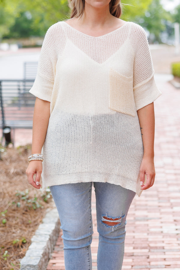 Chic Soul plus size clothing, beige knitted sheer top with a front pocket