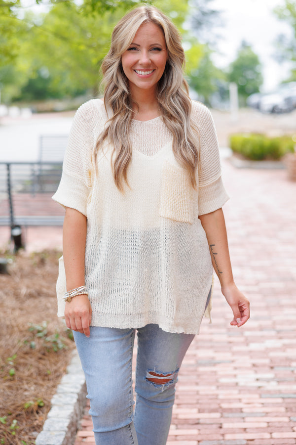 Chic Soul plus size clothing, beige knitted sheer top with a front pocket