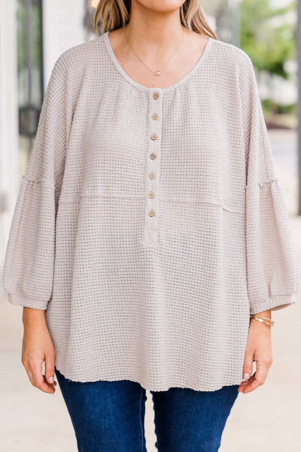 Chic Soul plus size clothing, beige long sleeve waffle knit top with button up detail with round neckline and cuff detail on sleeves