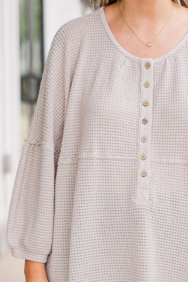 Chic Soul plus size clothing, beige long sleeve waffle knit top with button up detail with round neckline and cuff detail on sleeves