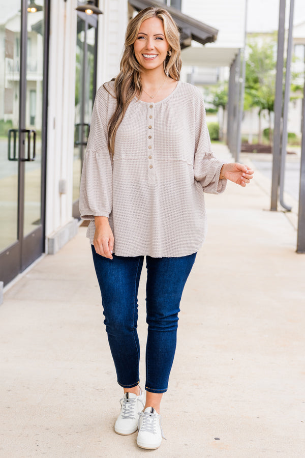 Chic Soul plus size clothing, beige long sleeve waffle knit top with button up detail with round neckline and cuff detail on sleeves