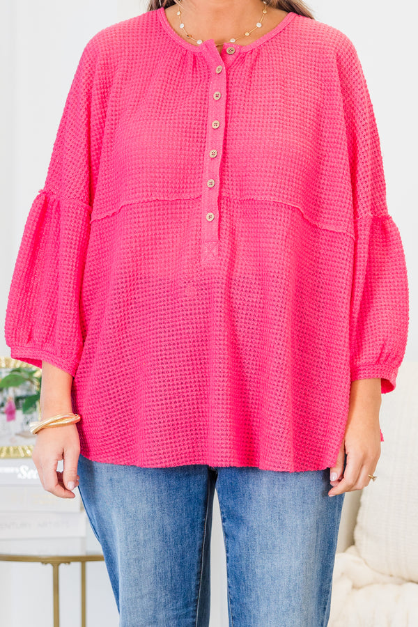 Chic Soul plus size clothing, hot pink three quarter length sleeves with round neckline with button up detail and puff detail along sleeves with waffle knit material