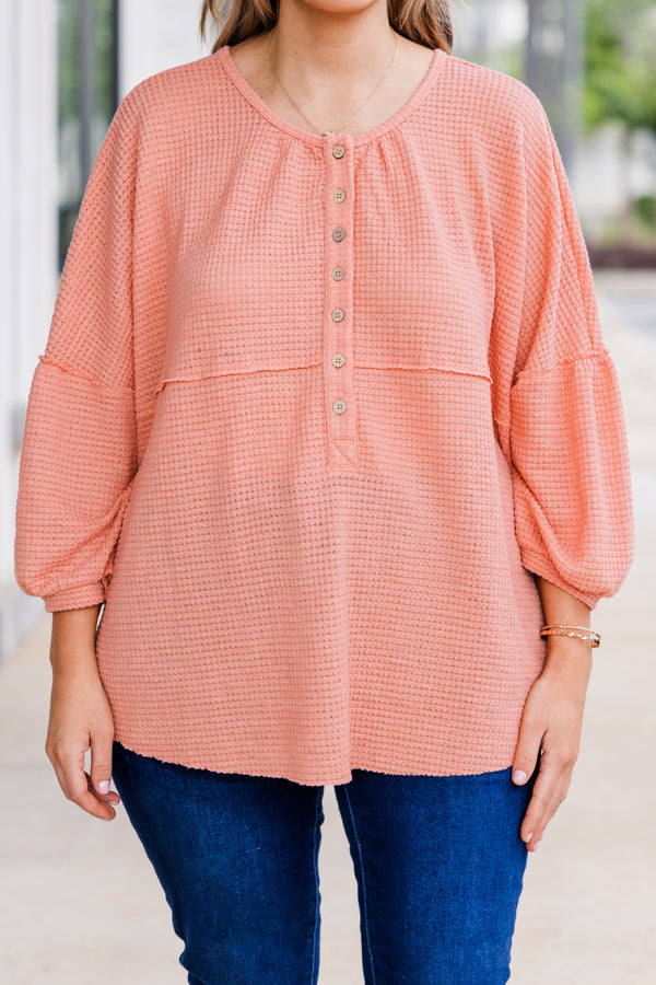 Chic Soul plus size clothing, puffed quarter-sleeve peach waffle-knit henley top with light brown buttons and scoop-neckline with distressed detailing 