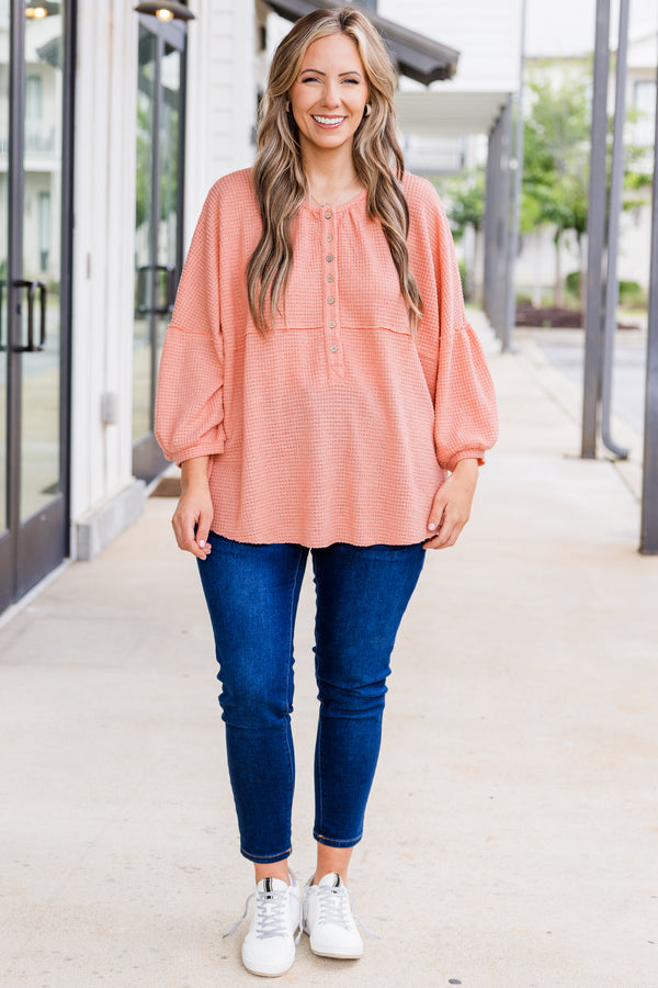 Chic Soul plus size clothing, puffed quarter-sleeve peach waffle-knit henley top with light brown buttons and scoop-neckline with distressed detailing 