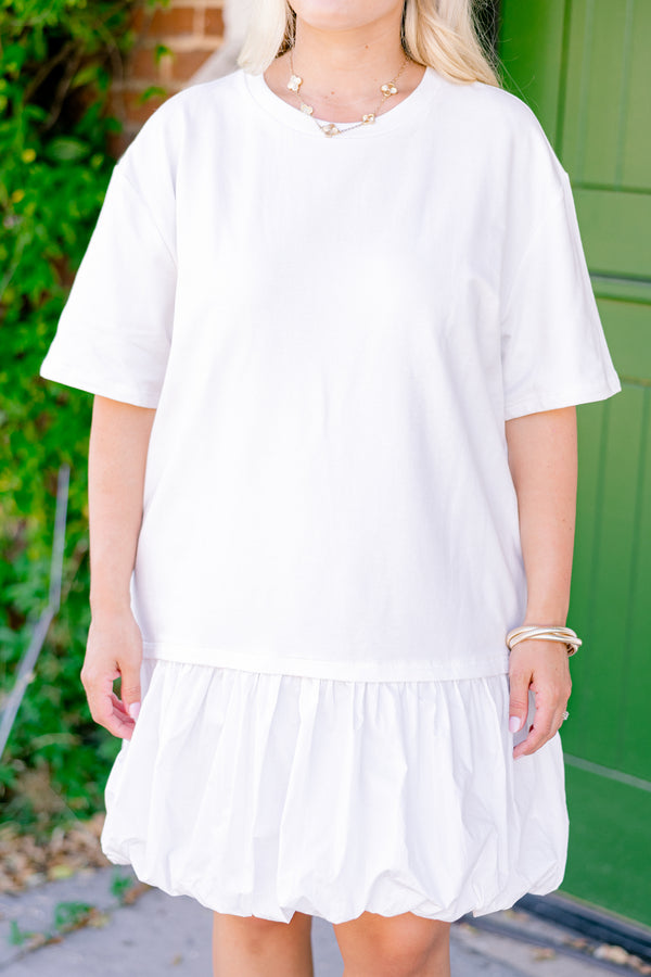 Plus Size ivory drop waist dress with short sleeves and a playful bubble hem.
