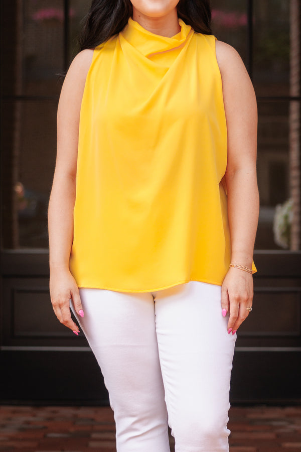 Chic Soul plus size clothing, honey yellow flowy blouse with a cowl neck