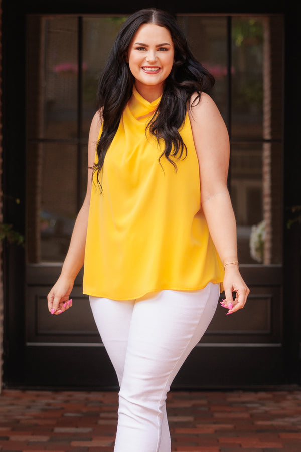 Chic Soul plus size clothing, honey yellow flowy blouse with a cowl neck
