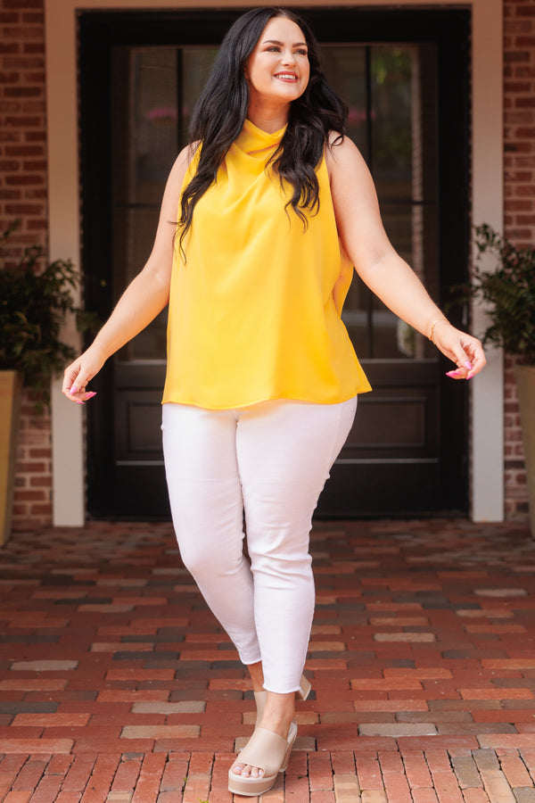 Chic Soul plus size clothing, honey yellow flowy blouse with a cowl neck