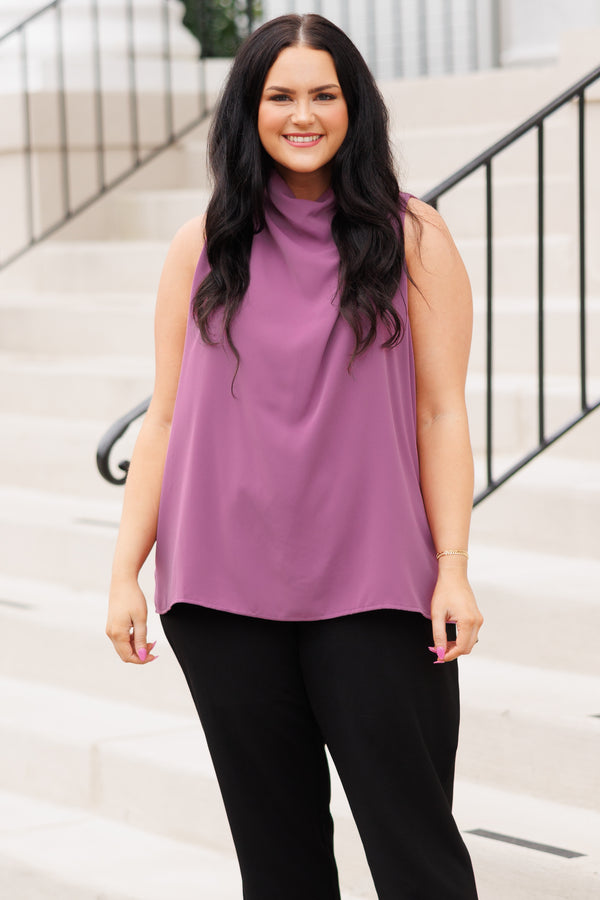 Chic Soul plus size clothing, lavender flowy top with a high cowl neckline