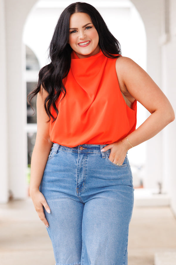 Chic Soul plus size clothing, orange blouse with a cowl neckline