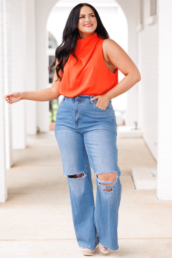 Chic Soul plus size clothing, orange blouse with a cowl neckline