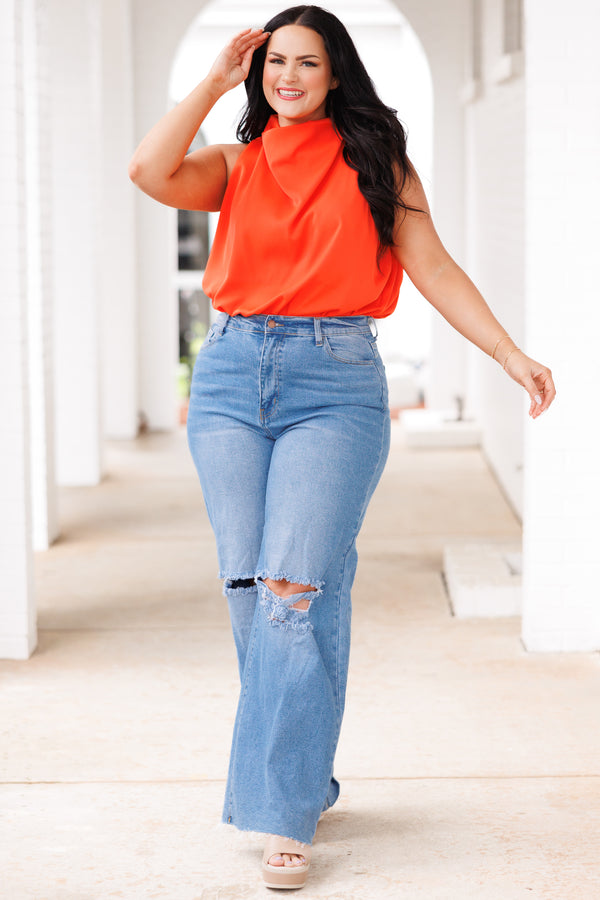 Chic Soul plus size clothing, orange blouse with a cowl neckline