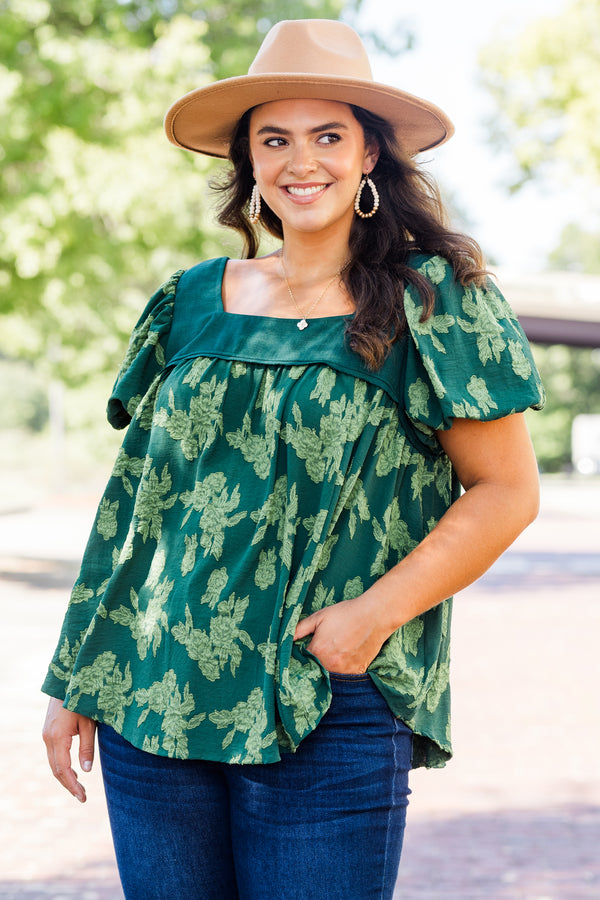 Chic Soul plus size clothing, deep green short sleeve top with puff sleeves and square neckline with light green floral pattern