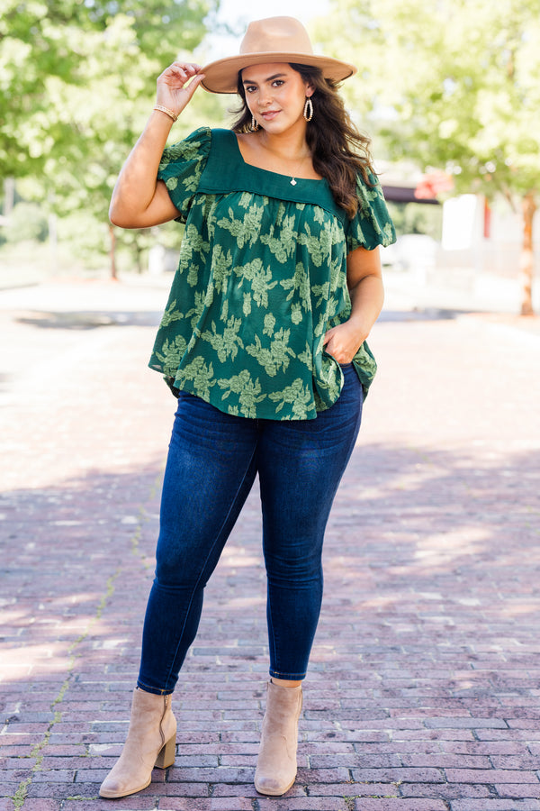 Chic Soul plus size clothing, deep green short sleeve top with puff sleeves and square neckline with light green floral pattern