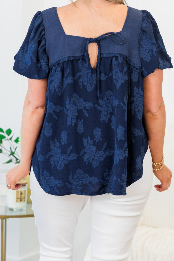 Chic Soul plus size clothing, navy flowy babydoll top with floral embroidery and puff sleeves