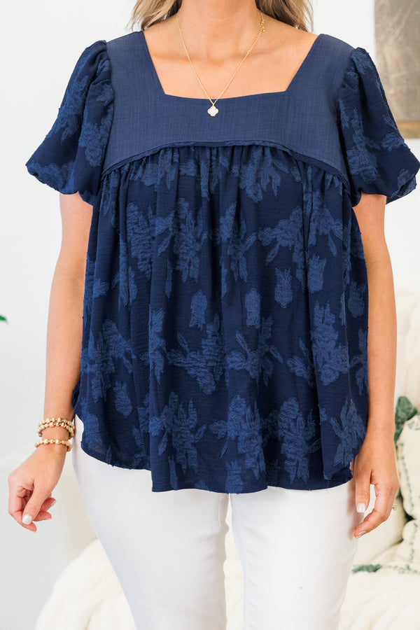 Chic Soul plus size clothing, navy flowy babydoll top with floral embroidery and puff sleeves