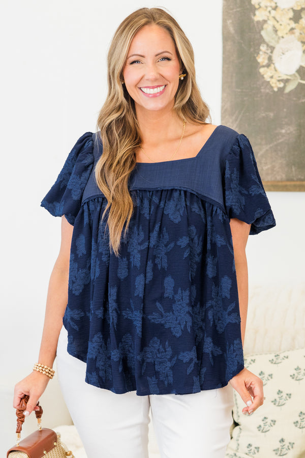 Chic Soul plus size clothing, navy flowy babydoll top with floral embroidery and puff sleeves
