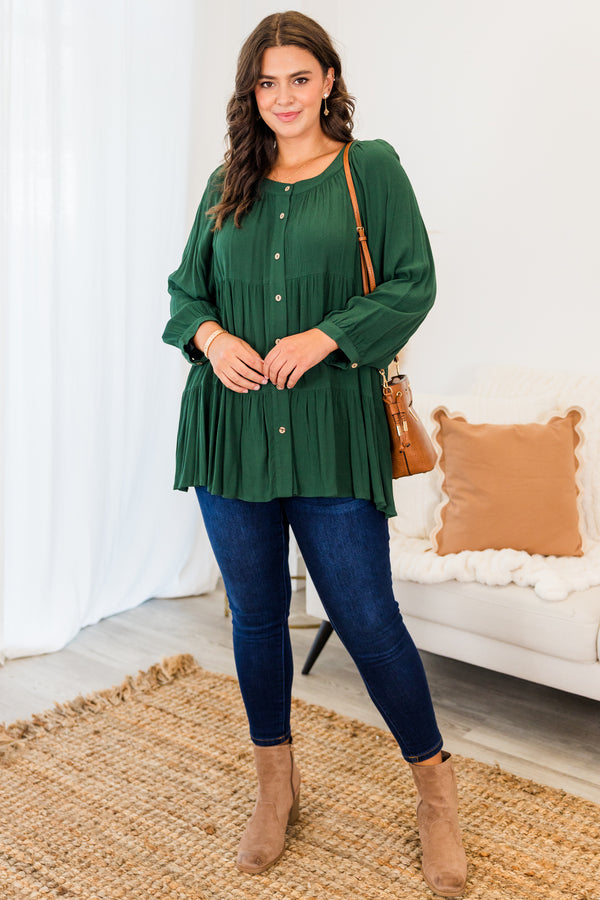 Chic Soul plus size clothing, forest green long sleeve button up top with round neckline with cuff sleeves and ruffle tiered detailing with button detail on sleeve
