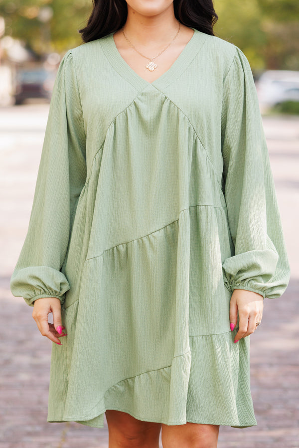 Chic Soul plus size clothing, avocado colored short dress with v beck and ruffle detailing