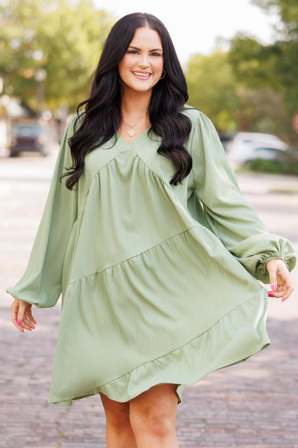 Chic Soul plus size clothing, avocado colored short dress with v beck and ruffle detailing