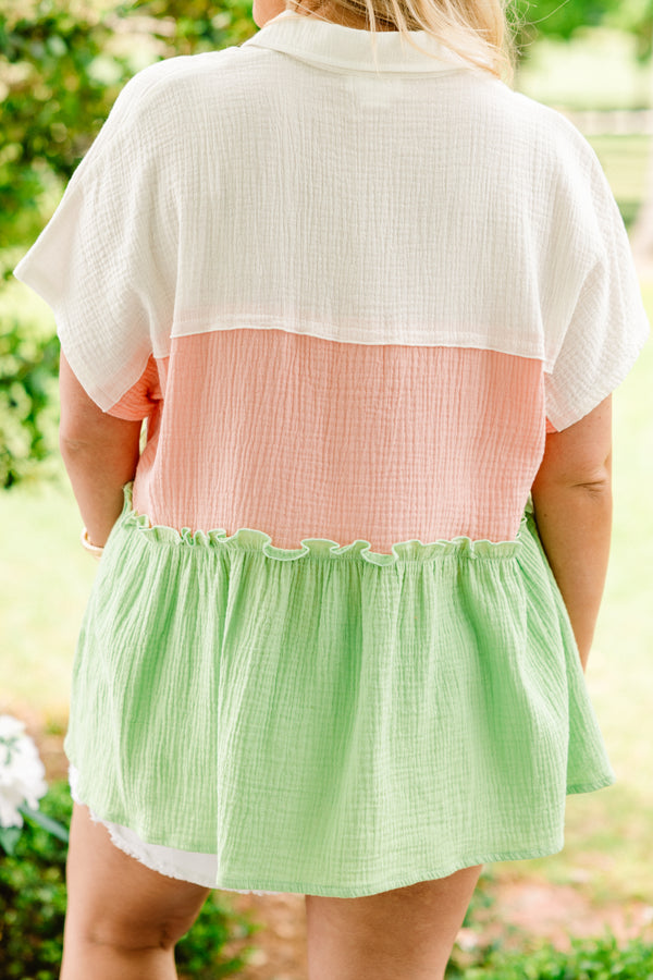 Chic Soul plus size clothing, white, peach and light green color blocked short sleeve babydoll shirt