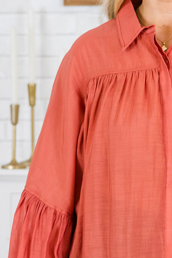 Chic Soul plus size clothing, long sleeve rust orange top with button up detail with collar and bubble cuff sleeves