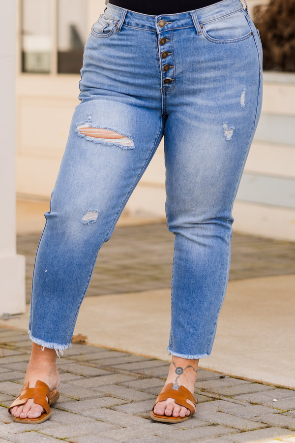 Chic Soul plus size clothing, medium wash skinny jean with distressing and raw hem line