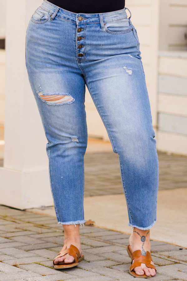 Chic Soul plus size clothing, medium wash skinny jean with distressing and raw hem line 