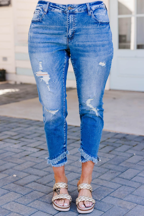 Chic Soul plus size clothing, medium wash ankle length skinny jeans with raw distressed hem and light distressing on denim