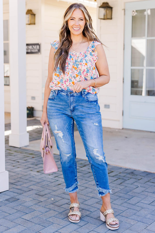 Chic Soul plus size clothing, medium wash ankle length skinny jeans with raw distressed hem and light distressing on denim