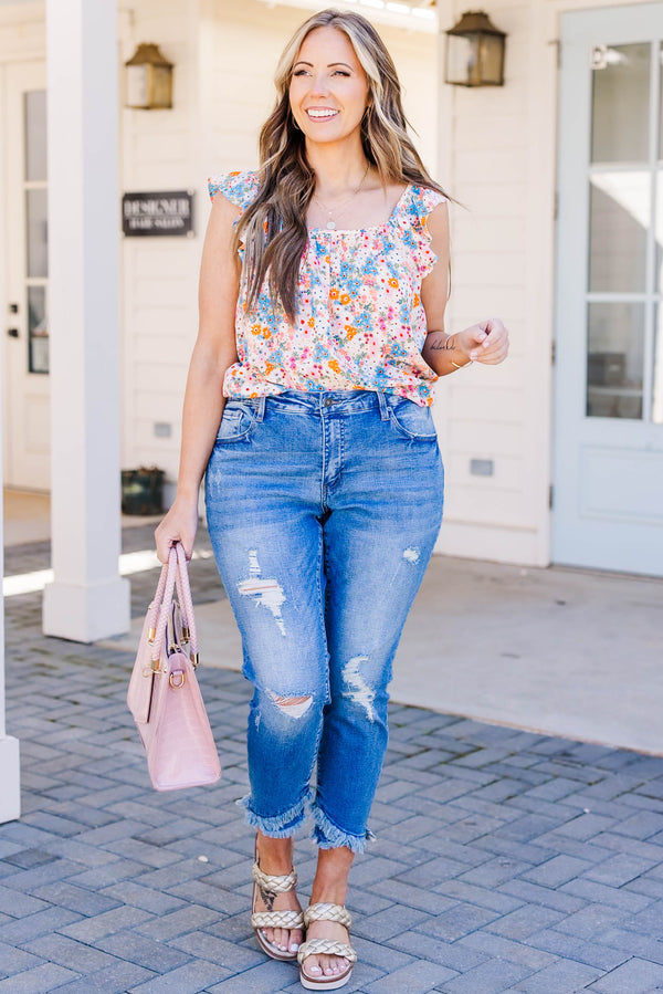 Chic Soul plus size clothing, medium wash ankle length skinny jeans with raw distressed hem and light distressing on denim