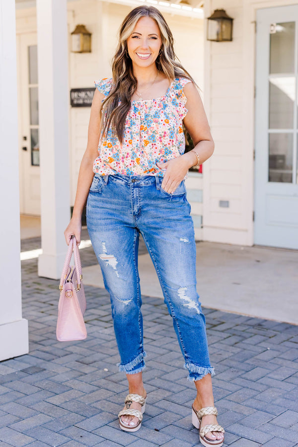 Chic Soul plus size clothing, medium wash ankle length skinny jeans with raw distressed hem and light distressing on denim