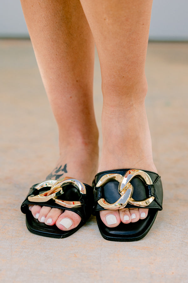 Chic Soul plus size clothing, black single strap sandals with two large interlocked gold links on each strap