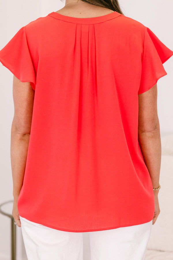 Chic Soul plus size clothing, coral short sleeve flowy top with v cutout along neckline with flutter sleeves
