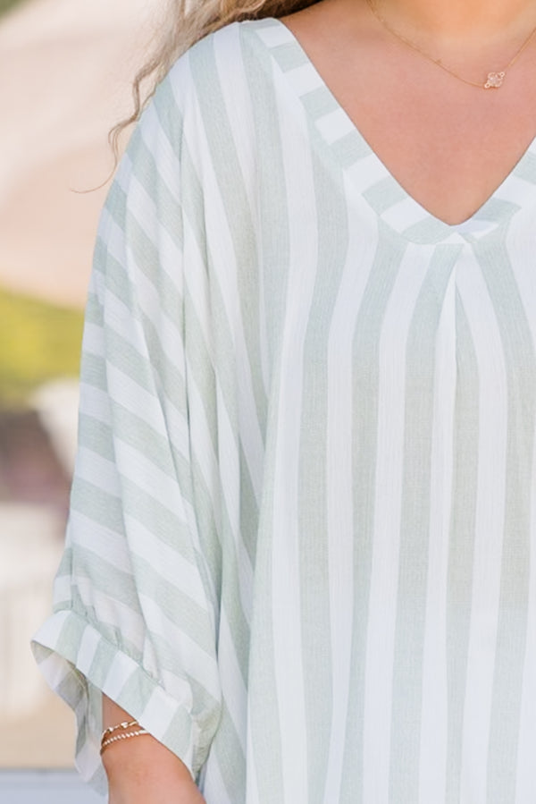 Chic Soul plus size clothing, green and white stripe short sleeve top with cuff sleeves and v neckline