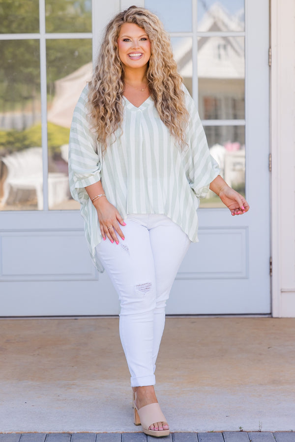 Chic Soul plus size clothing, green and white stripe short sleeve top with cuff sleeves and v neckline