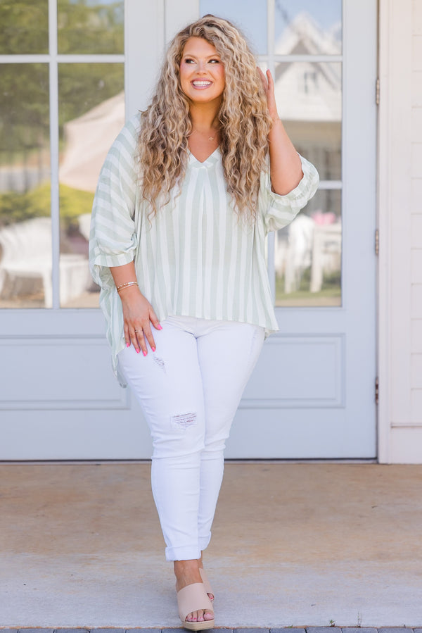 Chic Soul plus size clothing, green and white stripe short sleeve top with cuff sleeves and v neckline