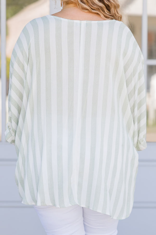Chic Soul plus size clothing, green and white stripe short sleeve top with cuff sleeves and v neckline