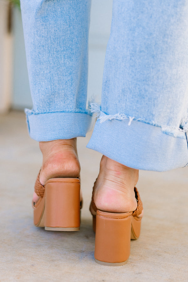 chic soul plus size clothing, brown two-strapped block heel with a textured braided pattern on back strap