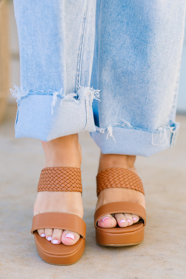 chic soul plus size clothing, brown two-strapped block heel with a textured braided pattern on back strap
