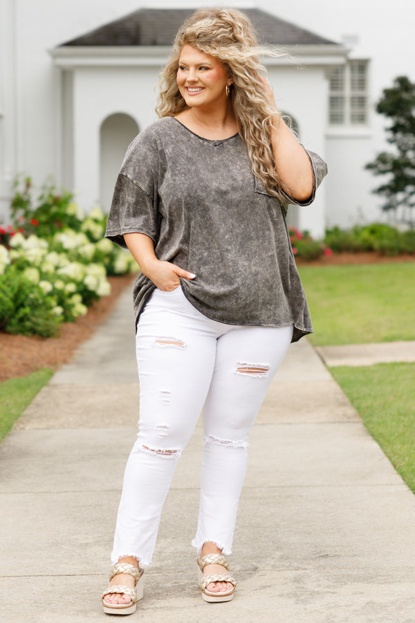 Chic Soul plus size clothing, ash black acid wash short sleeves top with a front pocket