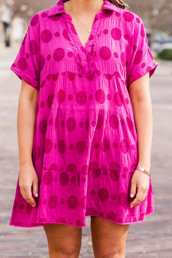 Chic Soul plus size clothing, raspberry mini dress with short sleeved and v cutout along neckline with dotted print