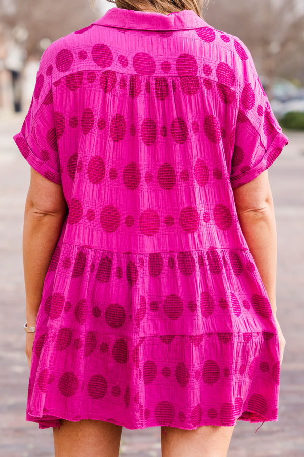 Chic Soul plus size clothing, raspberry mini dress with short sleeved and v cutout along neckline with dotted print