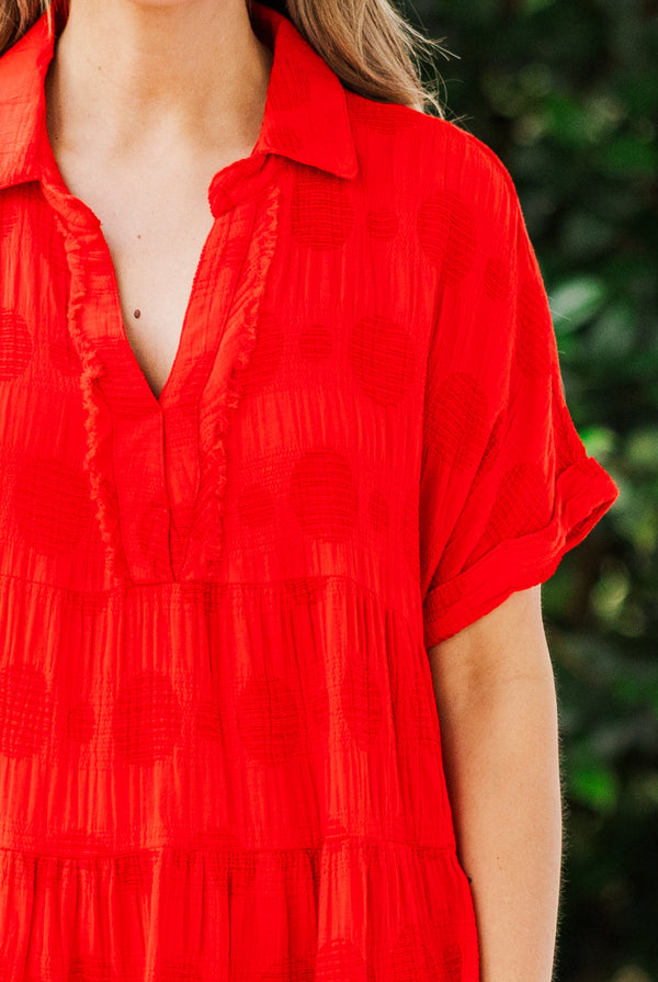 Chic Soul plus size clothing, short sleeve collared red dress with ruffles and v-neckline with distressed details