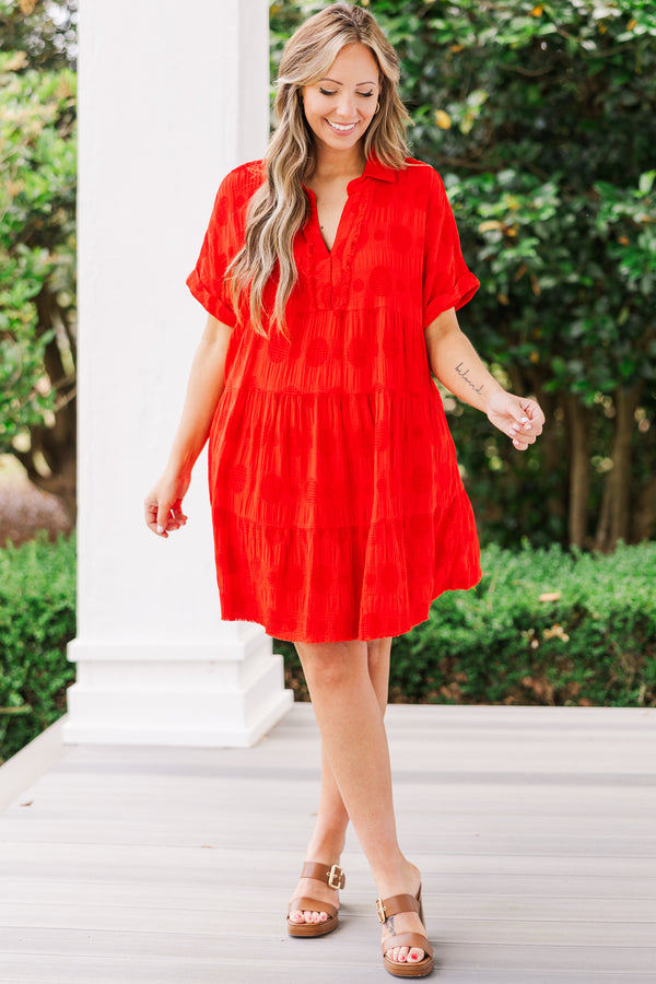 Chic Soul plus size clothing, short sleeve collared red dress with ruffles and v-neckline with distressed details