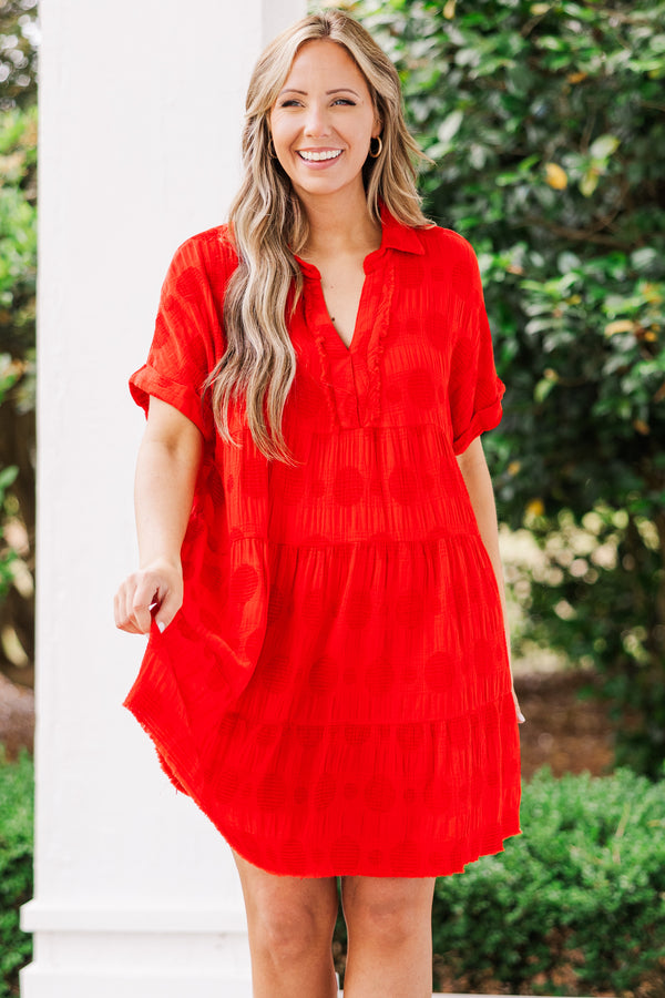 Chic Soul plus size clothing, short sleeve collared red dress with ruffles and v-neckline with distressed details