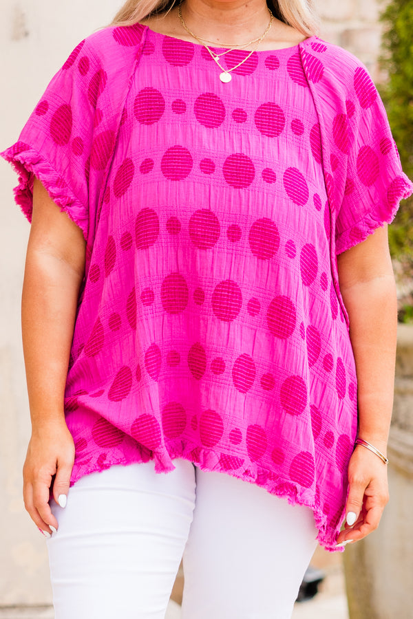 Chic Soul plus size clothing, raspberry short sleeve frayed hem top with polka dot pattern